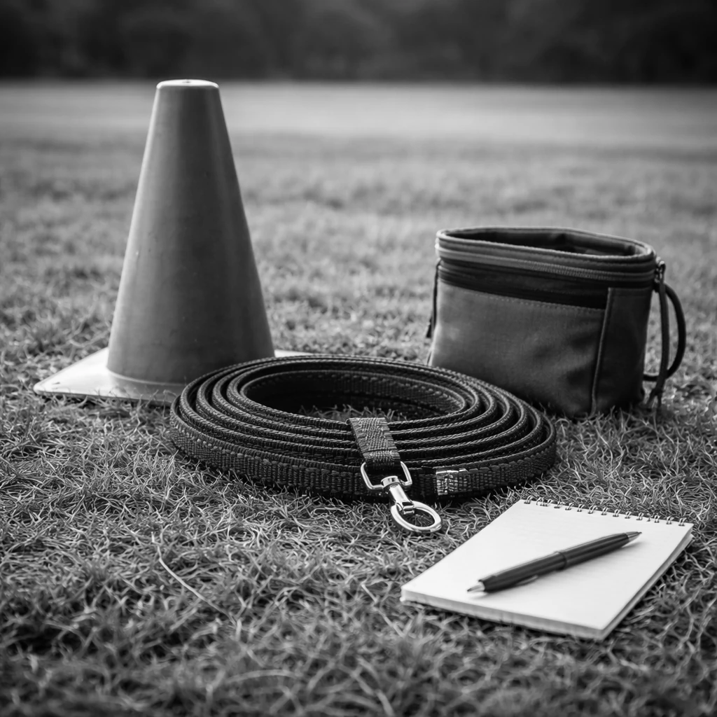 Matériel d’éducation canine posé sur l’herbe : cône, longe antidérapante, sac à friandises et carnet.
